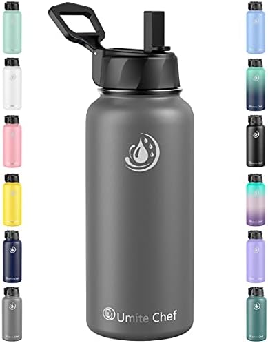 Umite Chef Sports Water Bottle with New Wide Handle Straw Lid, Vacuum Insulated Stainless Steel Thermos Mug, 32 oz Double Walled Wide Mouth Water Bottle ,Leak Proof, Sweat Free ( Charcoal)