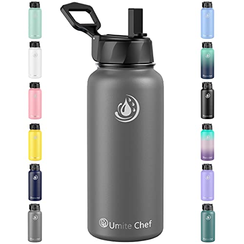 Umite Chef Sports Water Bottle With New Wide Handle Straw Lid, Vacuum Insulated Stainless Steel Thermos Mug, 32 Oz Double Walled Wide Mouth Water Bottle ,Leak Proof, Sweat Free ( Charcoal) #TOP3