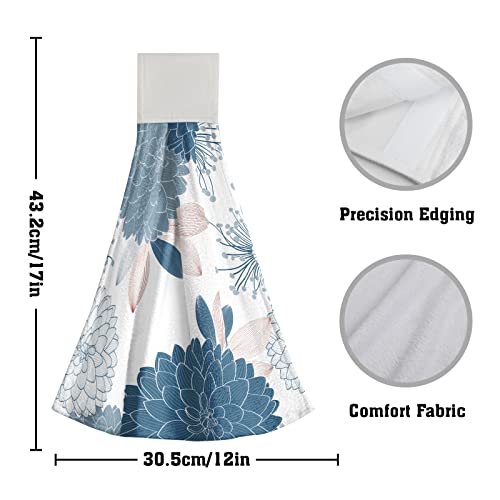 Mweet Blue Dahlia Kitchen Hand Towel Set Of 2,Art Floral Abstract Flower Chrysanthemum Tie Towel Loop Soft Coral Fleece Bar Dish Cloth For Bathroom Farmhouse Decor Housewarming Gift #TOP1