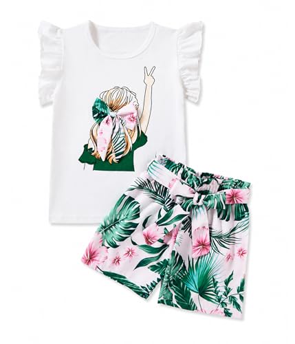 Woleroyir Hawaiian Outfit for Girls 2 Piece Tropical Kids Hawaiian Shirt Girls Summer Clothes High-Waisted Shorts Set 13-14 Years