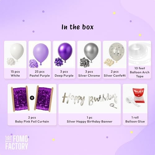 Image of The FOMO Factory All-In-One Purple Birthday Decoration Kit | Easy DIY Balloon Arch, Metallic Purple Foil Curtains, Happy Birthday Banner | Pink Happy Birthday Decor for Girls Daughter Teen (Purple53)