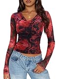ZESICA Womens Floral Mesh Long Sleeve Tops 2026 Fall Cowl Neck Slim Fit Going Out Y2k Shirts Trendy Date Night Outfits,Red,Medium