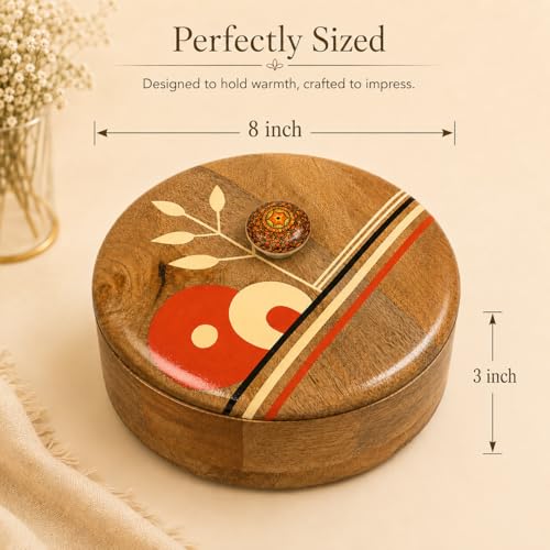 Image of Artysta 'Abstract Art' Wooden Chapati Box | Wooden Casserole For Roti | Chapati Box For Kitchen | Roti Box with Lid | Housewarming Gifts | Handpainted Roti Box | Mango Wood 8inch, 1080ml