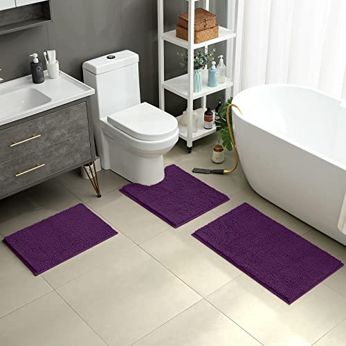 Homeideas 3 Pieces Bathroom Rugs Set Ultra Soft Non Slip And Absorbent Chenille Bath Rug, Dark Purple Bathroom Rugs Plush Bath Mats For Tub, Shower, Bathroom #TOP1