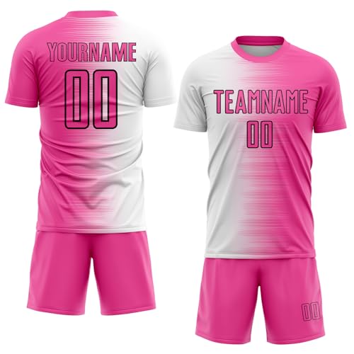 Personalised Pink and White Football Shirts Team Kit for Girls Women Adults Youth, Customised Sports Training Top and Shorts Set Printed Name Number Logo for Volleyball Soccer Running, Unisex, XXS-5XL