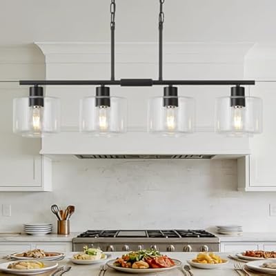 Osimir 4-Light Kitchen Island Lighting, Modern Black Linear Dining Room Chandelier Light Fixtures with Clear Glass and Chain, Farmhouse Hanging Lights for Kitchen Island Dining Room, OS-YQ8153-4ISBKC