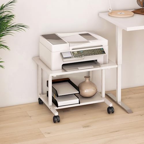 Livofloral Unter Schreibtisch Druckerständer, Mobiler Druckertisch fürs Homeoffice, Druckerwagen mit Rollen, Großer Druckerständer, Druckerwagen für den Schreibtisch, Weiß