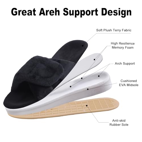 Git-up Women's Adjustable Diabetic Slippers Memory Foam House Shoes Cozy Arch Support Orthotic Heel Cup Arthritis Edema Slippers Non Slip Rubber Sole, Open Toe Fuzzy Slide Sandals for Ladies3