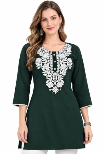 Image of LIBOZA Kurti for Women - Short Chikankari Kurtis for Girls, Lakhnawi Tunic Top Kurta Design for Ladies, Woman Ethnic Kurthis & Shirt with Sleeve
