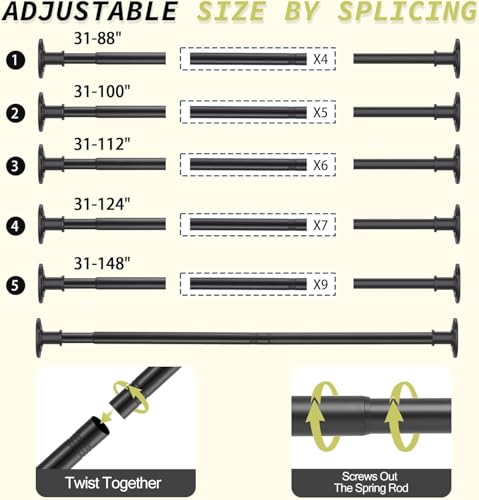 Image of Shower Curtain Rod 31-88 In Spring Adjustable Pole Heavy Duty Matte Black Tension Rods Drilling and No Drilling Shower Rod for Bathroom Window Anti-Slip Never Rust