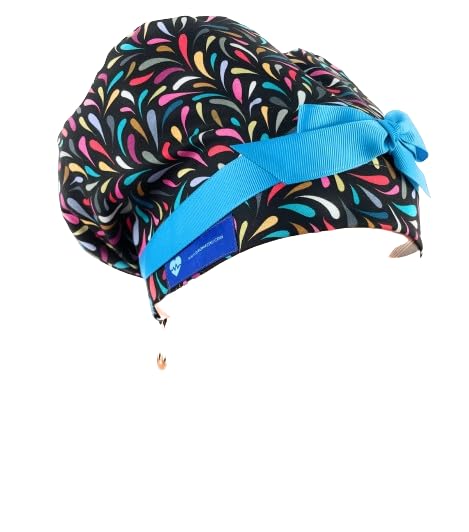 European Style Scrub Cap - (Grossgrain Ribbon) - Bold Blooms - Droplet Cascade - Black - Scrub Hat for Women/Men/Nurses Hats/Dr. Hats
