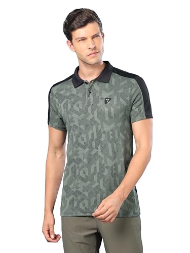 Image of TECHNOSPORT Men's Slim Fit Polyester Sporty Print Athleisure Polo T-Shirt with Half Sleeve, Moisture Wicking and Quick Dry