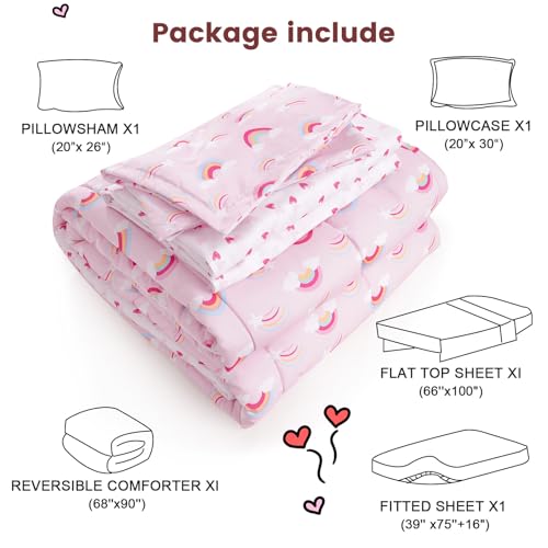 Image of david's kids 5 Piece Twin Comforter Set - Soft Breathable Bedding Twin Set for Girls, Includes Quilted Comforter, Flat Sheet, Fitted Sheet, Pillowcase and Pillowsham, Rainbow