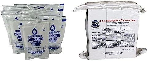 Datrex Emergency Water Packet 4.227 oz – 3 Day/72 Hour Supply (18 Packs), White & S.O.S. Rations Emergency 3600 Calorie Food Bar (Cinnamon + Coconut, 2 Pack)