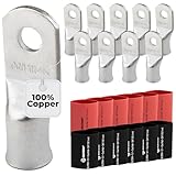 SELTERM 10pcs - 2/0 Awg - 5/16' Stud - Battery Lugs - Ring Terminal Connectors with 12pcs 3:1 Black & Red Heat Shrink Tubing with Adhesive | Heavy Duty Battery Cable Ends - Tinned Copper Wire Lugs Kit