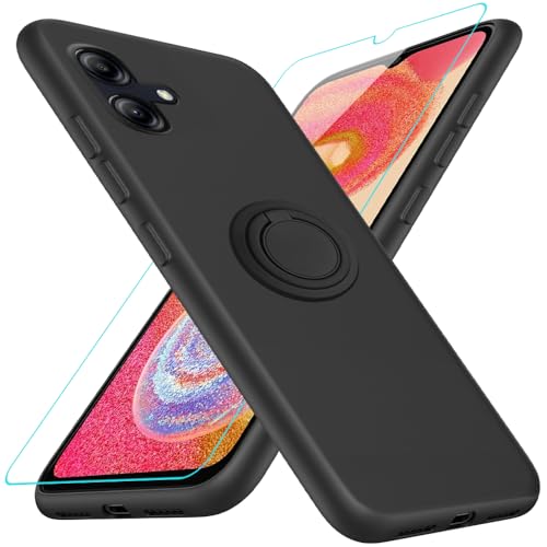 for Samsung Galaxy A04E Phone Case with Glass Screen Protector, 360° Rotatable Ring Holder Magnetic Kickstand/Stand Silicone TPU Shockproof Protective Cover Case for Samsung Galaxy A04E - Black