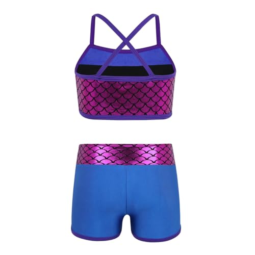 YEAHDOR Big Girls' 2 Pieces Gymnastics Dancing Outfits Crop Bra Top with Shorts Set Athletic Sports Actviewear Blue Mermaid Scales 10-12 Years2