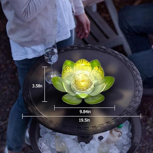 Huaxu Solar Lights Outdoor Garden Decoration Crackle Globe Glass Waterproof LED Metal Green Lotus Flowers Gift for Mom,Women,Patio,Lawn,Walkway,Tabletop,Ground - image 5