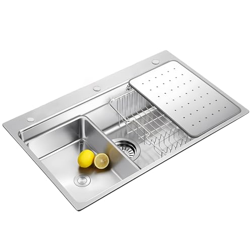 KOOGIMDDR Fregadero de cocina negro de 85 x 50 cm, de acero inoxidable 304SUS, 1 lavabo, fregadero de cocina rectangular de acero inoxidable, con escurridor, kit de desagüe y kit de desbordamiento