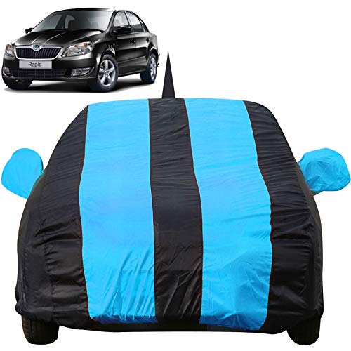 Image of Autofact Car Body Cover for Skoda Rapid with Mirror and Antenna Pocket (Light Weight, Triple Stitched, Heavy Buckle, Bottom Fully Elastic, Teak Blue Stripes with Navy Blue Color)