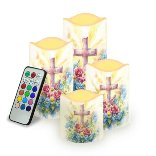 YUVAMAGIMO Crucifix Flickering Flameless Candles with Remote and Timer Set of 4 Pillar Candles Battery Operated Color Changing Realistic Plastic LED Candles for Outdoor Larterns Porch Decor