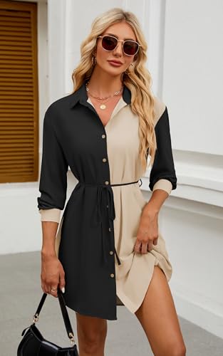 Image of ECOWISH Womens Button Shirt Dress with Pockets Fall Summer Short Mini Dresses Long Sleeve 3 /4 Sleeve Long Tunics Blouse Belt