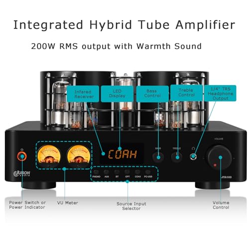 Image of Juson Audio JTA100 200W Vacuum Tube Amplifier Class AB HiFi Integrated Hybrid Home Audio Receiver with BT 5.0 Optical AUX RCA Phono Input and Headphone Output 2.1CH for Turntable (JTA100-2nd)
