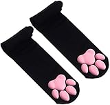 Honganda Cute Womens Thigh High Socks, Cat Paw Pad Stockings for Girls 3D Kitten Claw Socks for Lolita Cat Cosplay (Black Pink, One Size)