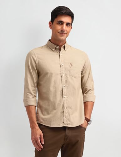Image of U.S. Polo Assn. Denim Co. Mens Beige Textured Button Down Long Sleeve Casual Cotton Slim Fit Button Down Shirt