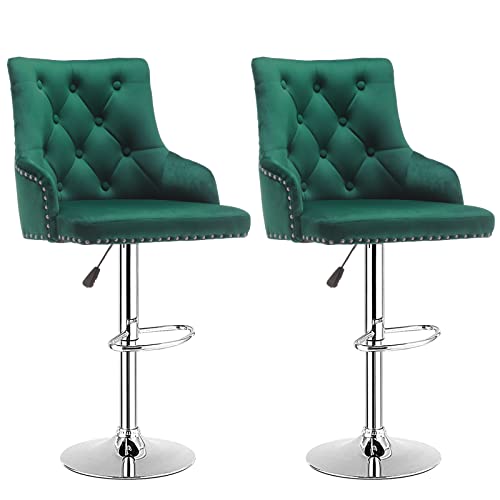 Bar Stool Set Of 2 Velvet Adjustable With Tufted Backrest, Counter Height Swivel Stool Upholstered Modern Barstool Chair Chrome Base For Kitchen, Home Bar, Dining Room, (Green) #TOP10