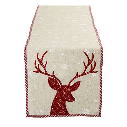 DII Camino de Mesa Decorativo navideño Reno Rojo Bordado, Lino, 14x70