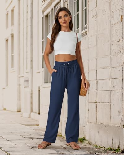 Friptspyg Palazzo Hosen Lässige Hosen Damen Sommer Elastische Bund Freizeithosen mit Taschen,Dunkelblau XL