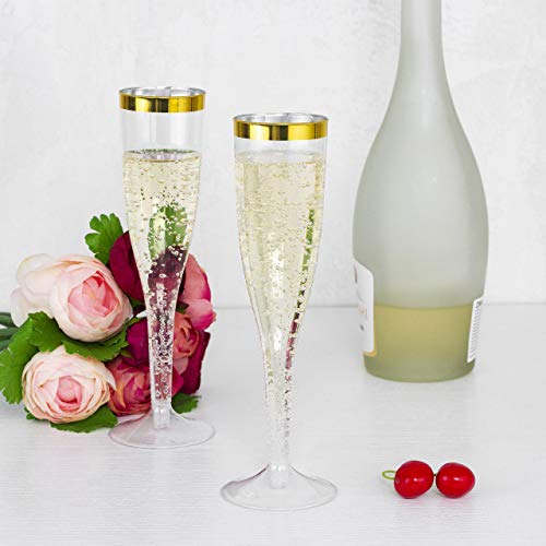 30 Party Plastic Champagne Flutes - Clear Gold Rim Plastic Drink Cups, Reusable Unbreakable Stemware For Wedding, Toasting, Great For Mimosa, Cocktail Drinks or as Wine Cups, 5.5 Oz Cups