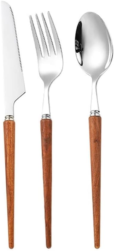 Wooden Handle Kitchen Stainless Steel Silverware Tableware Flatware Cutlery Knives Forks Spoons Set (Rose wood,3 pieces)