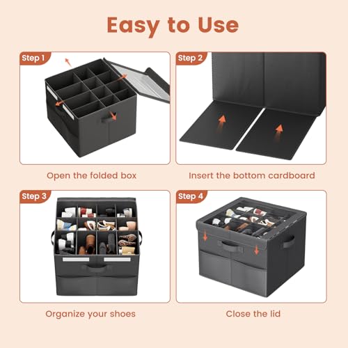 PHINOX Shoe Organizer for Closet, Fits 12-24 Pairs, Shoe Storage Bins with Clear Cover and Reinforced Handles, Foldable Shoe Storage Organizer, Space Saving Shoe Holder for Wardrobe, 1 Pack Black — view 6