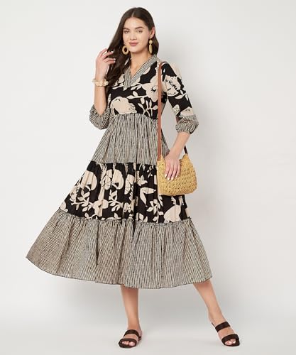 Image of PIDAVLIYA'S Women's Floral Summer Maxi Dress I Cotton Printed I One Piece Bodycon Midi Dress with V-Neck, Puffed Sleeves