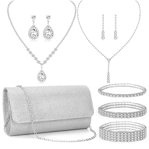 FEYIR Clutch Purse Jewelry Set for Women Evening Bags Rhinestone Crystal Necklace Earrings Bracelet Set Formal Wedding Bridal Accessories Jewelry for Prom