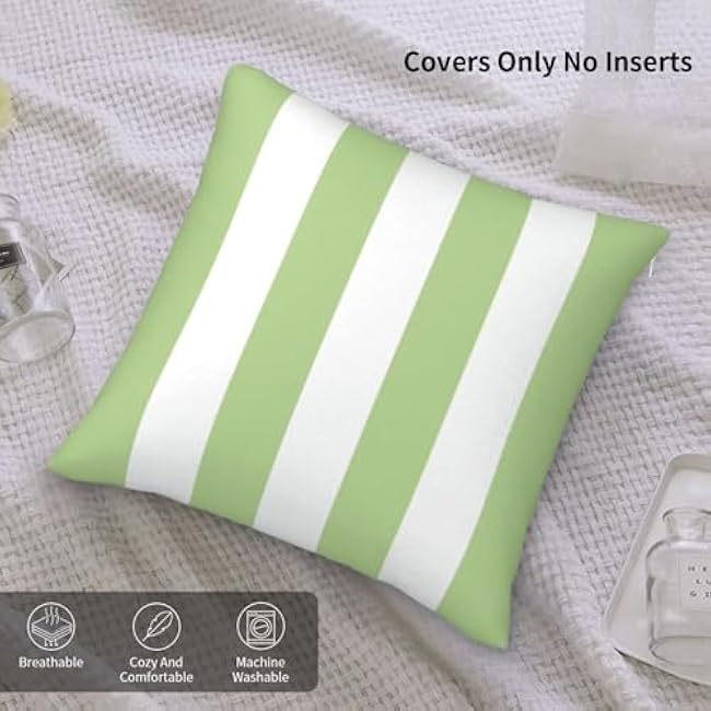 2 Sets Striped Decorative Throw Pillow Covers, 18x18 Inch for Living Room Couch Bed Sofa, Green and White Striped Home Decor, Soft Cushion Case
