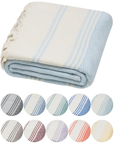 DEMMEX Organic Turkish Cotton Beach Bath Hammam Towel – Quick-Dry, Lightweight, Sand-Free Beach Towel & Blanket – Luxury Bathroom & Hammam Towel Peshtemal, OEKO-TEX Certified, 180x90cm, Sky Blue