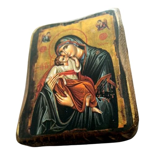 Wooden Greek Christian Orthodox Wood Icon of Virgin Mary and Jesus Christ / A0
