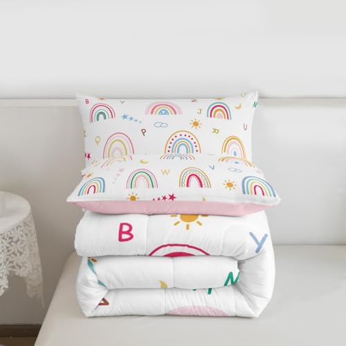 Image of Feelyou Cartoon Rainbow Letters Bedding Set Soft for Boys Girls, ABC Alphabet Comforter Set Queen Size Cute Rainbow Duvet Quilt Microfiber Educational Bedroom Decor 3 Pcs with 2 Pillow Cases