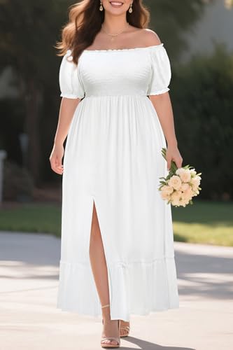 Image of Plus Size Summer Dresses Sun - Maxi Boho Casual Off Shoulder Floral Lace Long Dress with Pockets