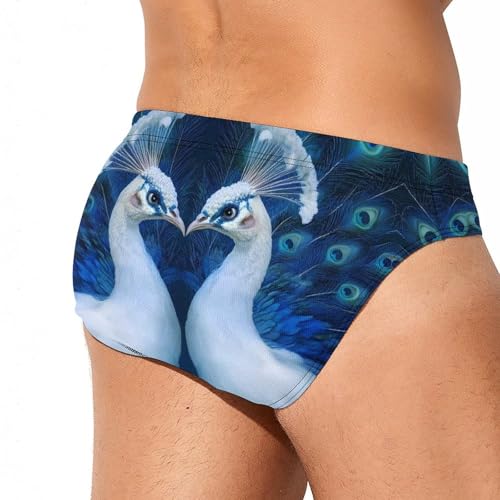 Two White Peacocks Printed Swim Briefs for Men Sexy Bikini Swimwear Elastic Beach Trunks Bathing Suit4