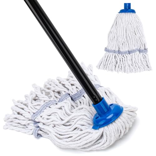 Mops for Indoor Floor Cleaning Small Cotton String Mop for House Kitchen Bathroom Deck Rag Mop with 51 Handle (2 Mop Heads)