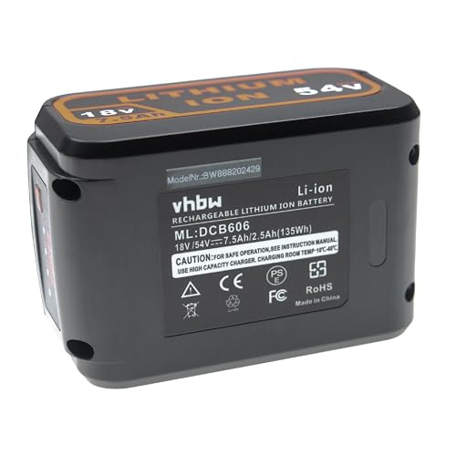 vhbw batteria compatibile con DeWalt XR utensili a batteria da 54 V e 18 V attrezzi da lavoro (7500 mAh, Li-Ion, 18 V / 54 V)