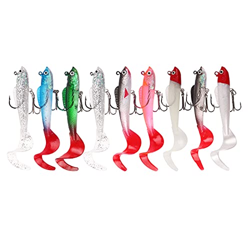 9 Pcs Big Soft Tail Soft Fishing Lure Jig Head Silicone Swimbait Lures Set Fishing Accessories for Sea Bass Pike Trout Perch
