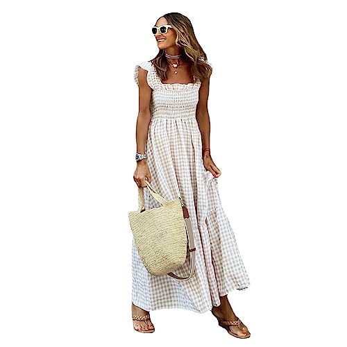 Vestido longo feminino casual sem mangas xadrez vestido vintage gola quadrada Gingham Beachwear vest