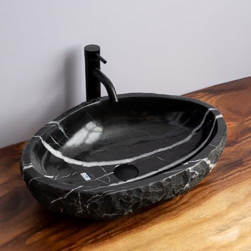 Organic Freeform Hand-Carved Black Stone Vessel Sink – Stone Sink with Chiseled Exterior & Natural White Veining – One-of-a-Kind Rustic Luxury Bathroom Sink — view 3