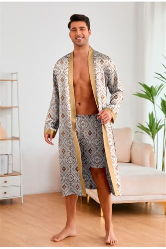 Men Sleepwear Paisley Long Sleeve Kimono Robe With Shorts Satin Nightgown Pajama Sets3