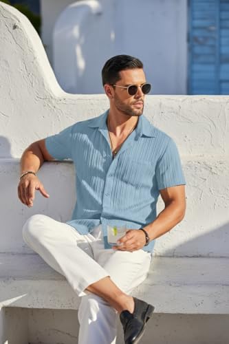 Image of Zombom Men's Casual Button Down Shirts Short Sleeve Poly Cotton Shirt Fashion Textured Beach Summer Shirts| Men Stylish Shirt | Men Fancy